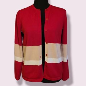 Liz Claiborne Red & Tan Button Up Cotton Cardigan | Size Small